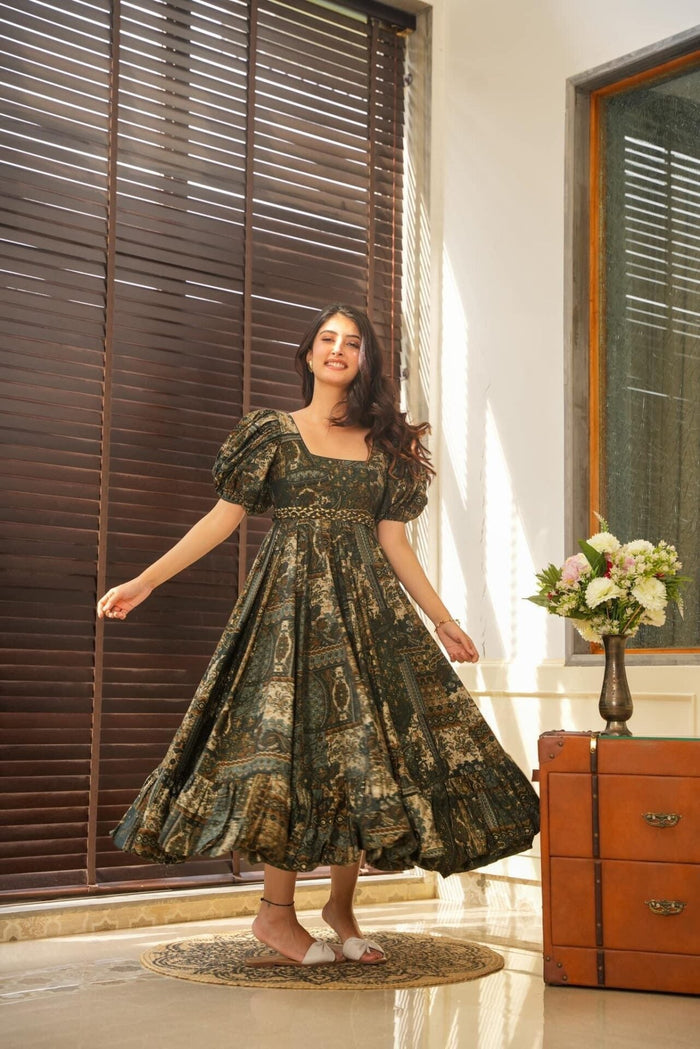Dark Printed Puffed Sleeve Mahima Muslin Dress