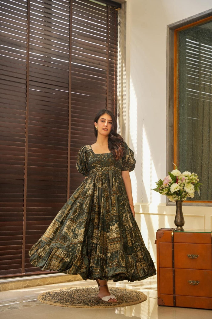 Dark Printed Puffed Sleeve Mahima Muslin Dress