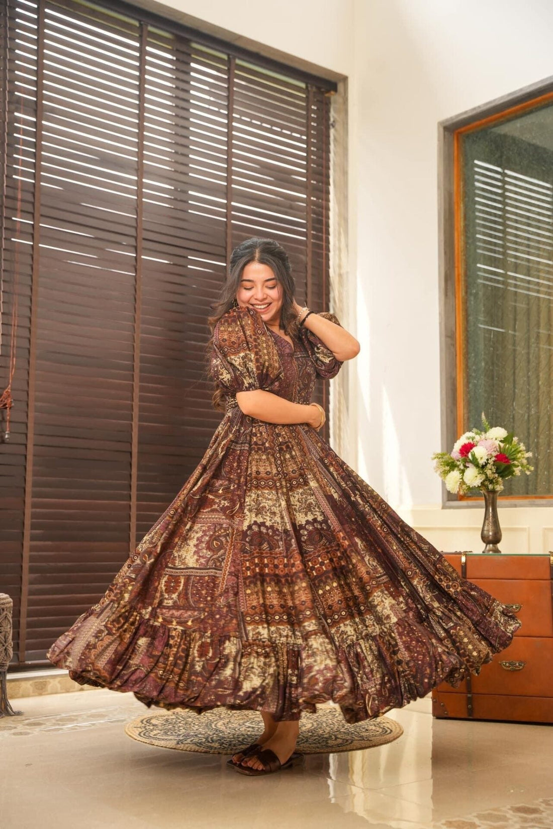 Brown Print Puffed Sleeve Aries Designer Muslin Long dress