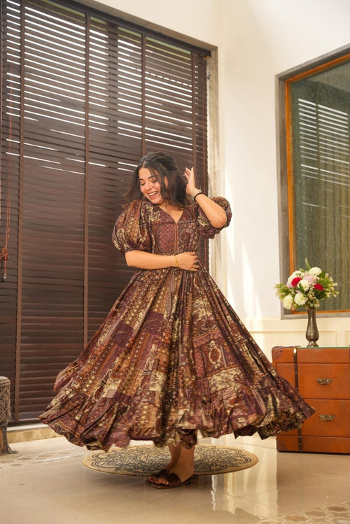 Brown Print Puffed Sleeve Aries Designer Muslin Long dress