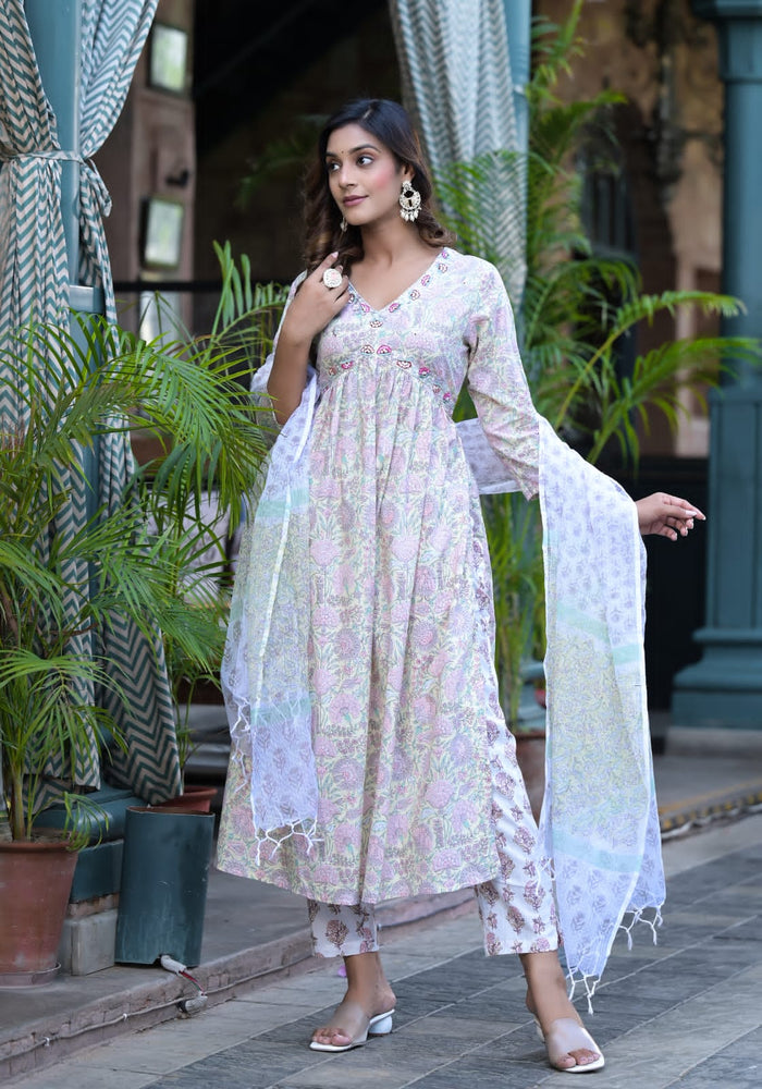 Floral Premium Cotton Suit Set - Cream Yellow